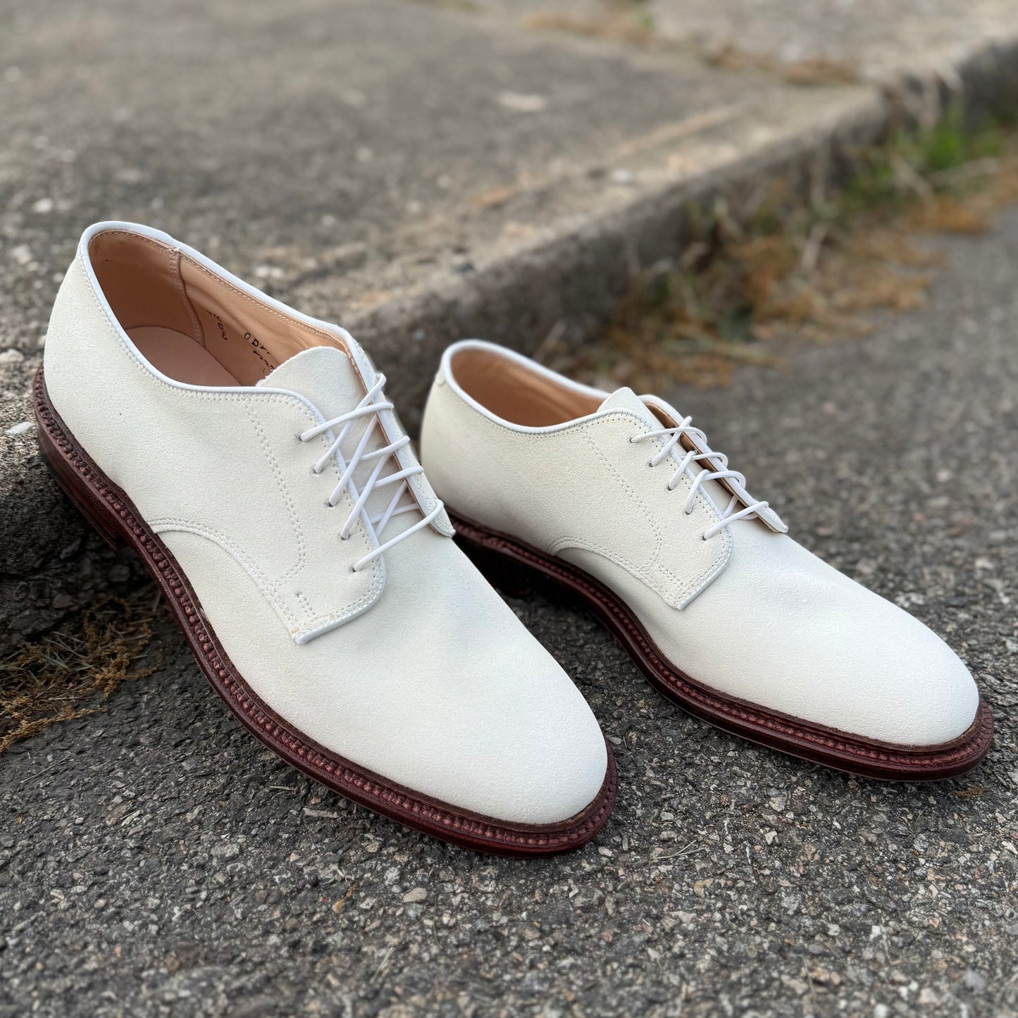 Alden Madisons 29330F - Unlined Dover in ivory suede with brown leather soles rests on rough gray pavement by a concrete curb.