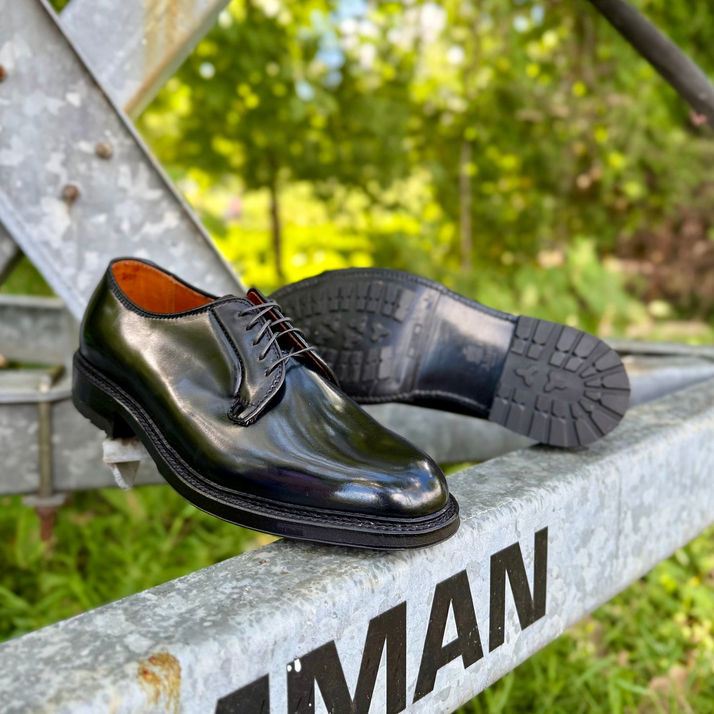 The Alden Madison 9901C Plain Toe Blucher in Black Shell Cordovan with Commando Sole rests on a metal beam outdoors, one upright and one displaying its rugged sole against a backdrop of green grass and blurred trees.