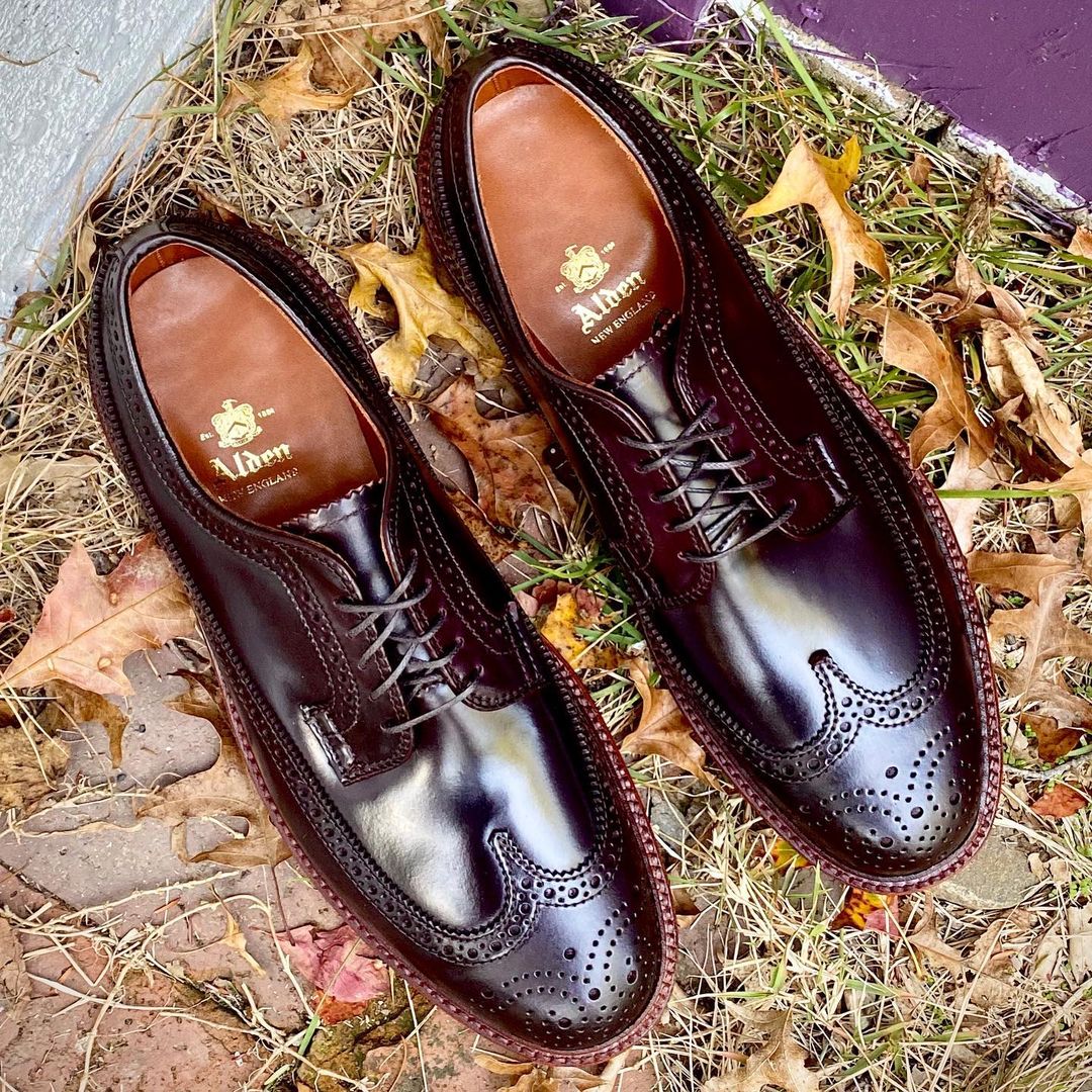 Alden Madisons D5511 - Antique Long Wing Blucher in Color 8 Shell Cordovan, featuring brogue detailing and a double leather sole, is shown side by side on brick paving scattered with autumn leaves.