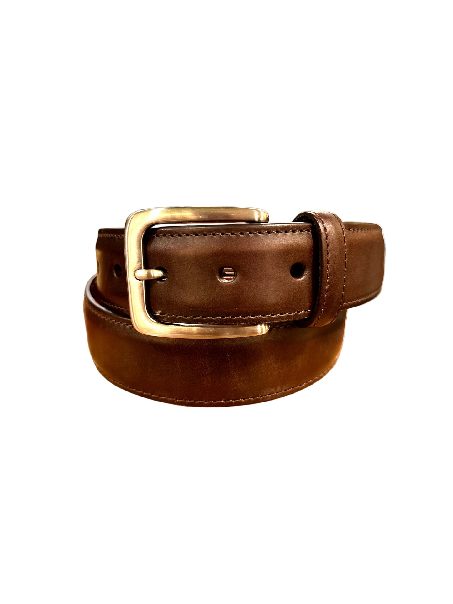 The Alden Madison MB 5335 - Brown CXL 35mm Nickel Buckle belt is coiled neatly and displayed against a white background.