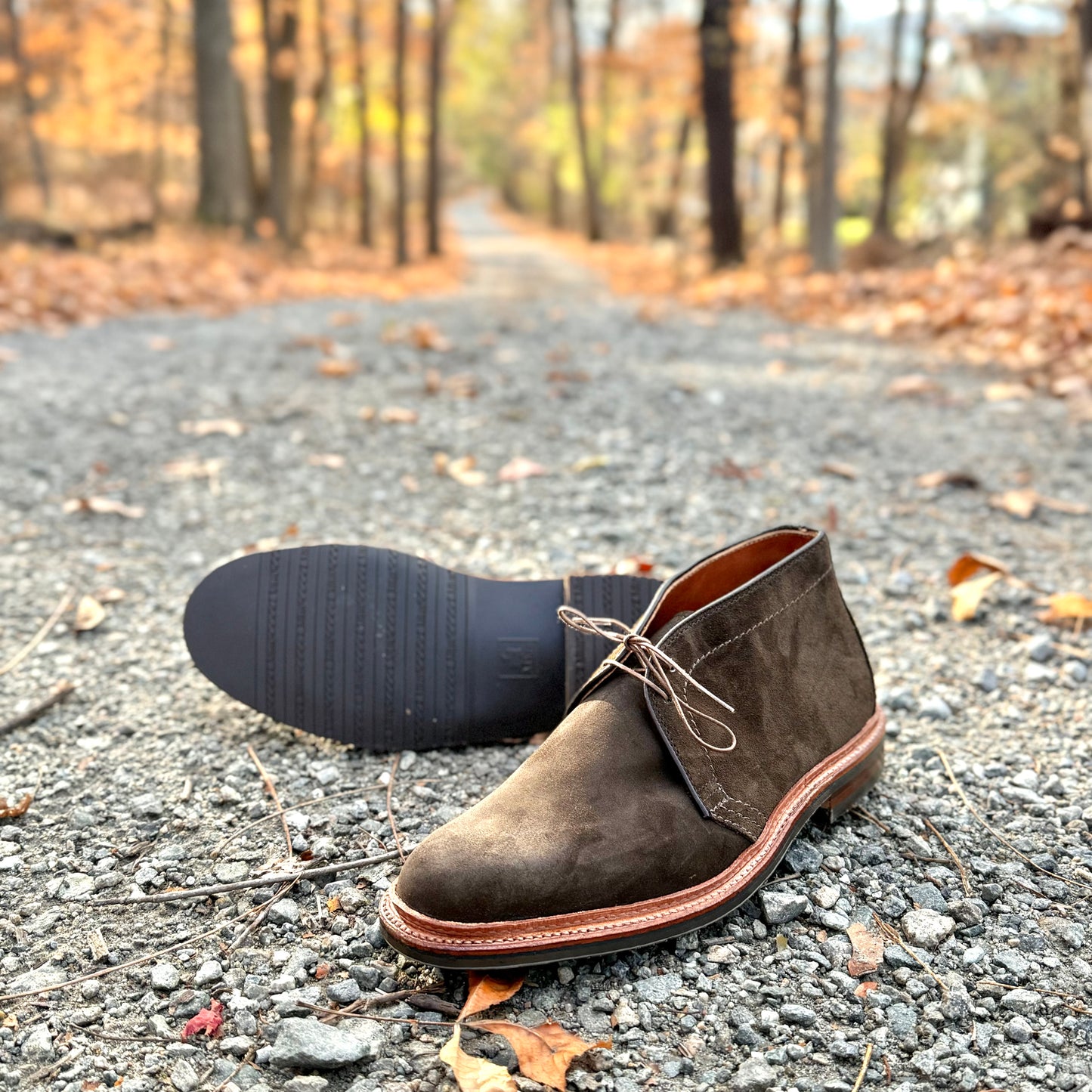 A pair of Alden Madison D1712L Chukka Boots in Loden Suede sits on a gravel path amid fallen autumn leaves. One boot stands upright while the other lies on its side, displaying the L3 Sole crafted with a reverse welt, with leafless trees lining the background path.