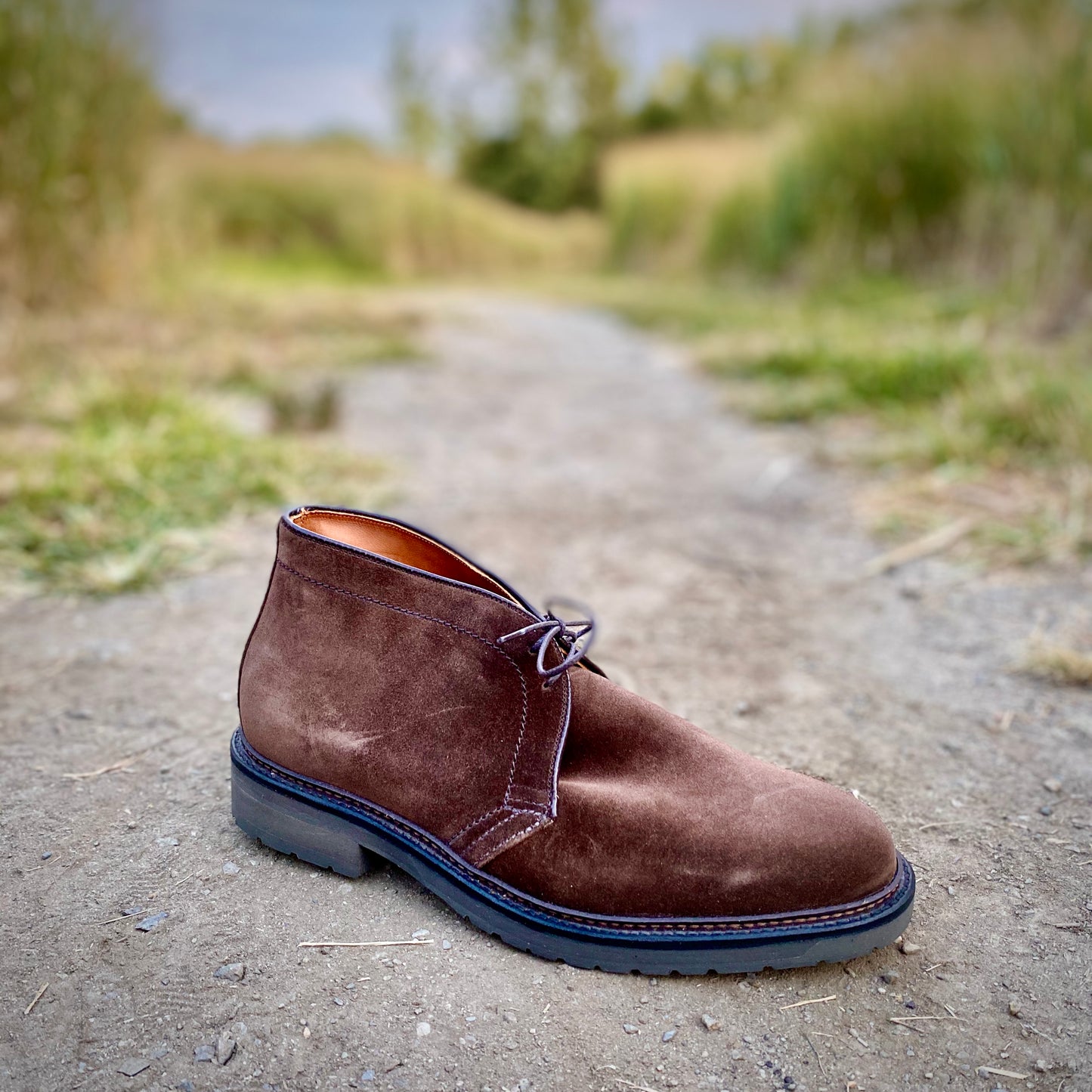 The Alden Madison 1273S Chukka Boot in Brown Suede with a lug rubber sole rests on a dirt path outdoors, surrounded by green grass and blurred trees in the background.