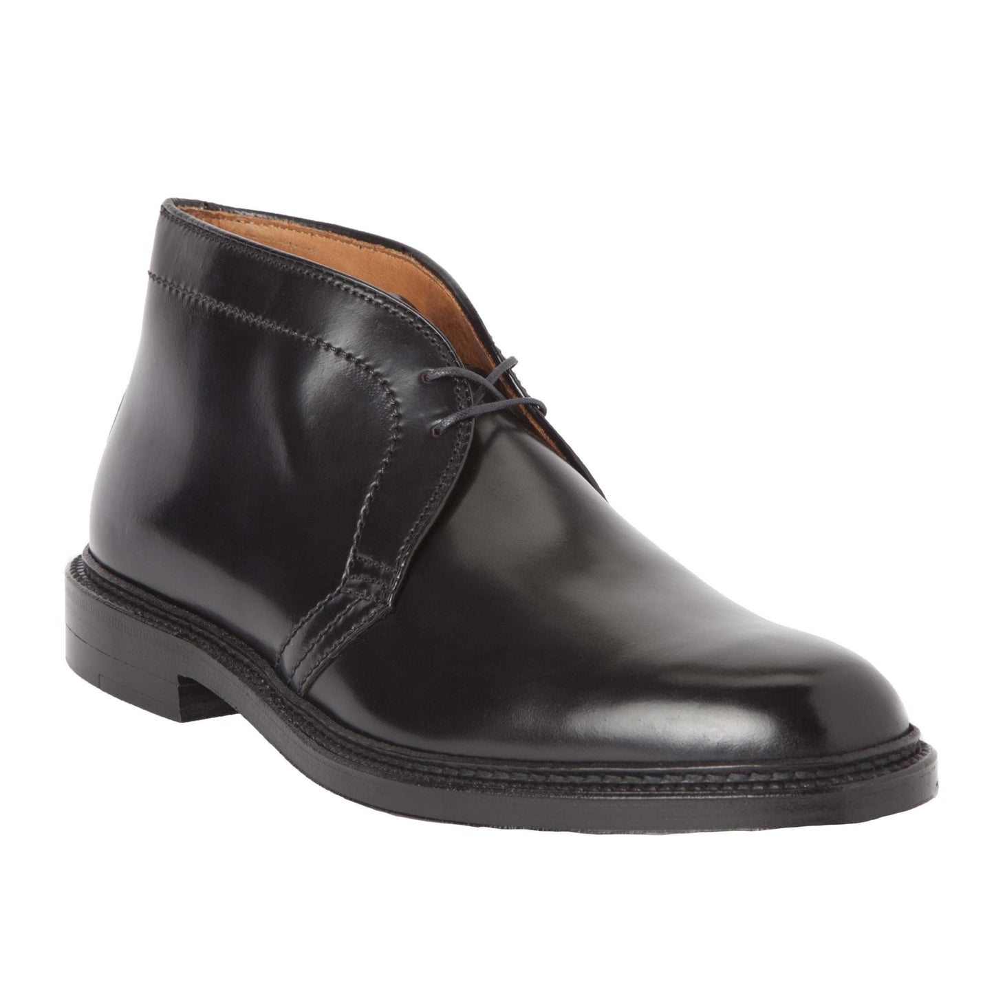 The Alden Madison 1340 is a sleek, black leather ankle boot crafted from Black Shell Cordovan with a gloss finish. It features a low heel, round toe, lace-up closure with two eyelets, clean stitching details, and a classic formal design on the Barrie Last.