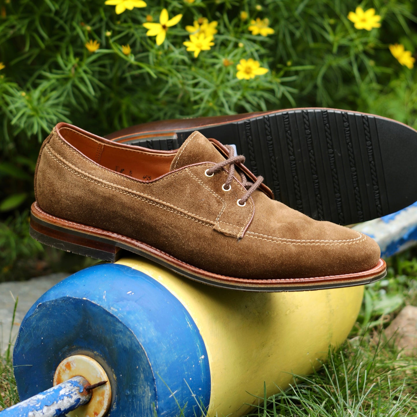 The ALDEN SHOES 735L - Ivy Blucher in Snuff Suede is shown outdoors, with one shoe upright and one on its side atop a yellow and blue buoy, set against green foliage and yellow flowers.