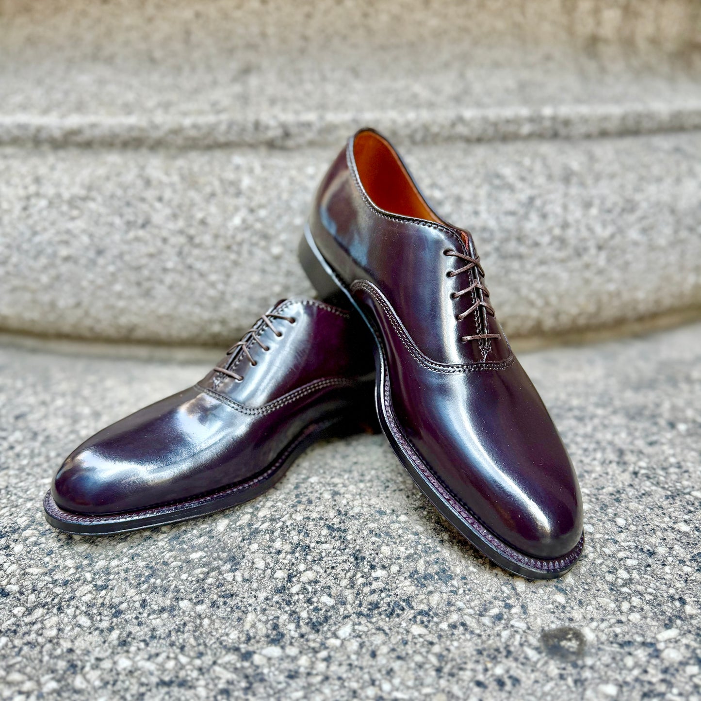 Alden Madison’s 934 - Plain Toe Bal in Color 8 Shell Cordovan oxfords, polished in dark burgundy with laces, are displayed on a speckled stone surface—one shoe upright, the other leaning against it.
