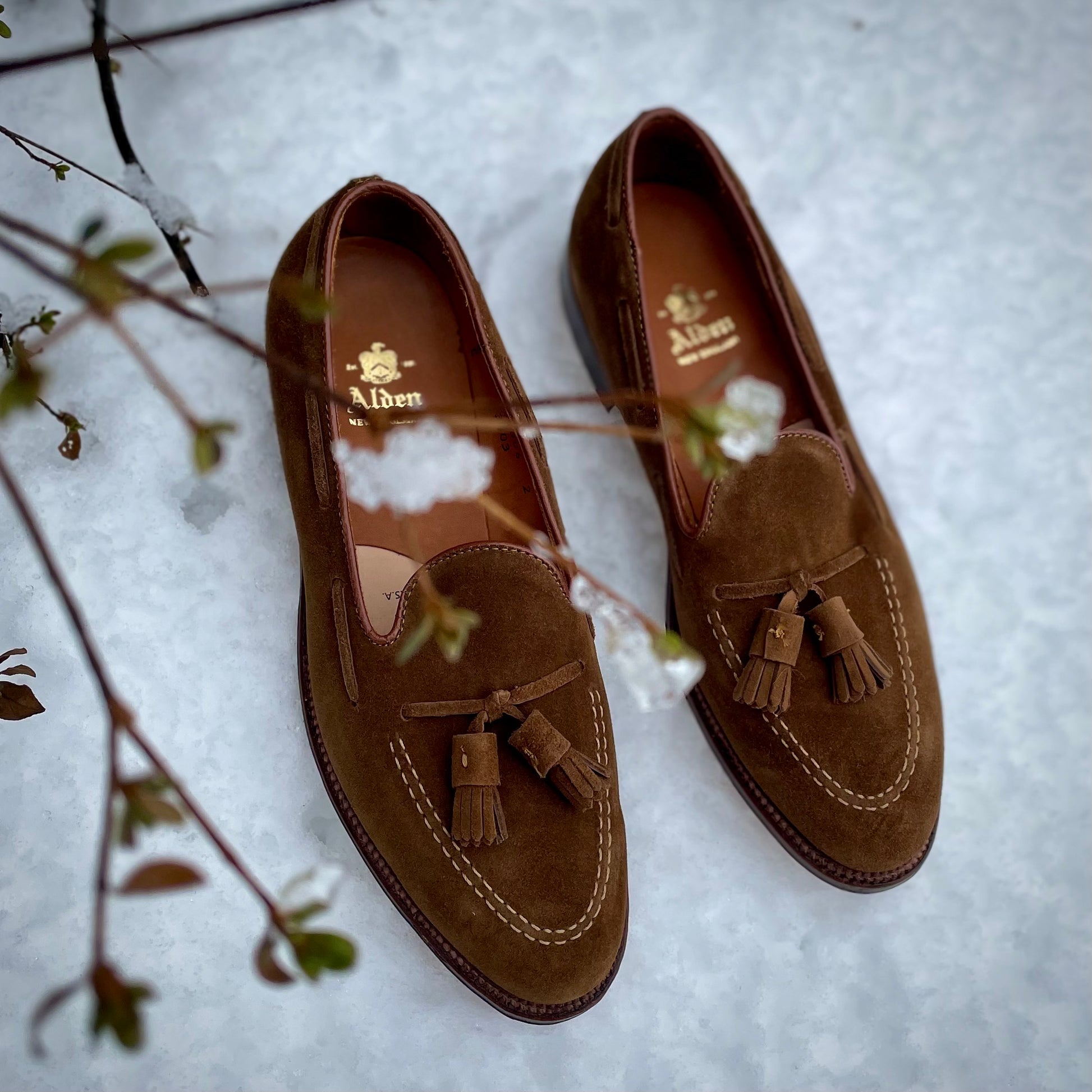 Alden Madisons 3403 - Tassel Loafers in Snuff Suede, crafted on the Aberdeen Last, lie in the snow amid branch-covered flakes. They showcase a stitched design and leather sole, with the brand logo embossed on the insole.
