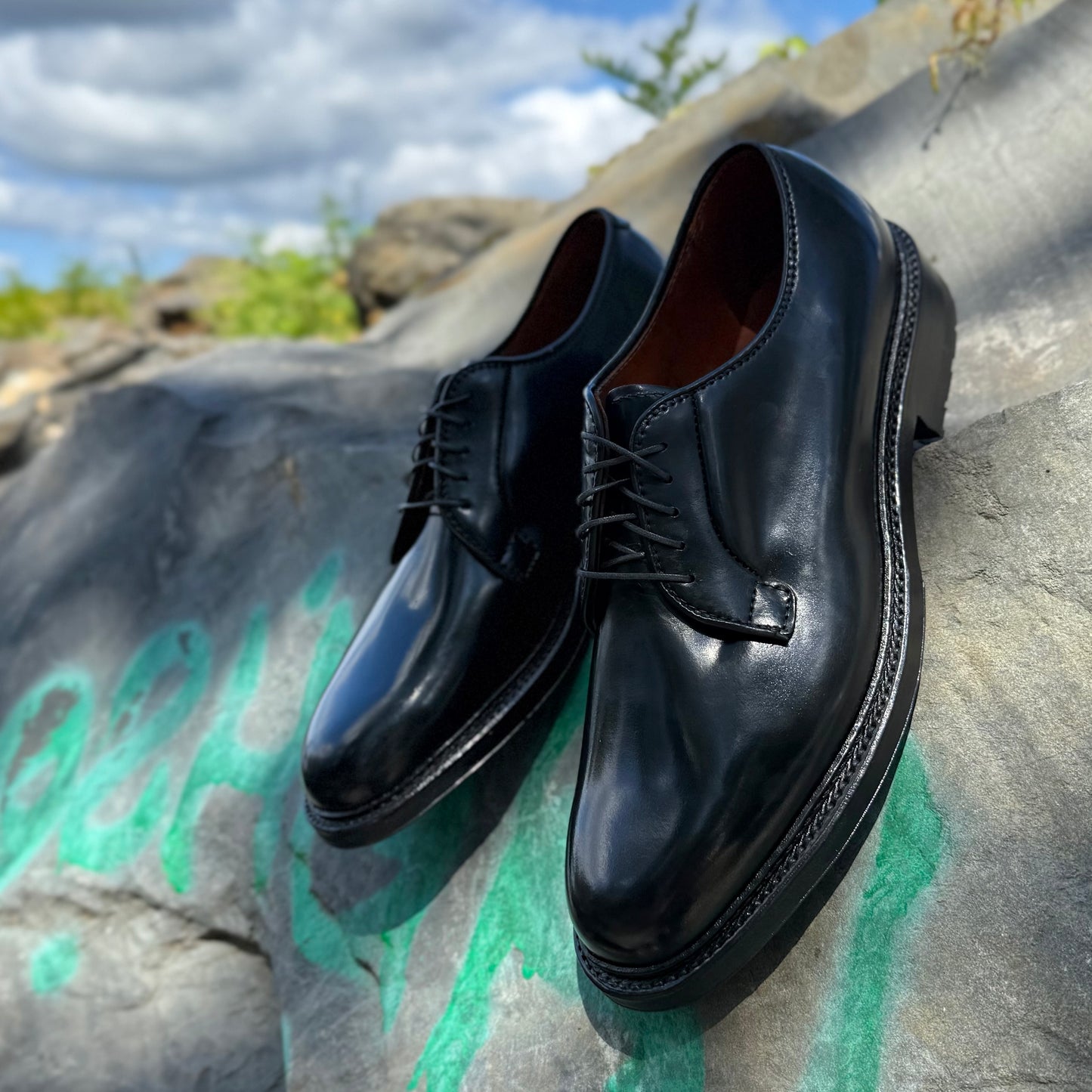 The Alden Madison 9901C Plain Toe Blucher in shiny black shell cordovan with a Commando Sole rests on a graffiti-covered rock outdoors amid greenery and under a partly cloudy sky.