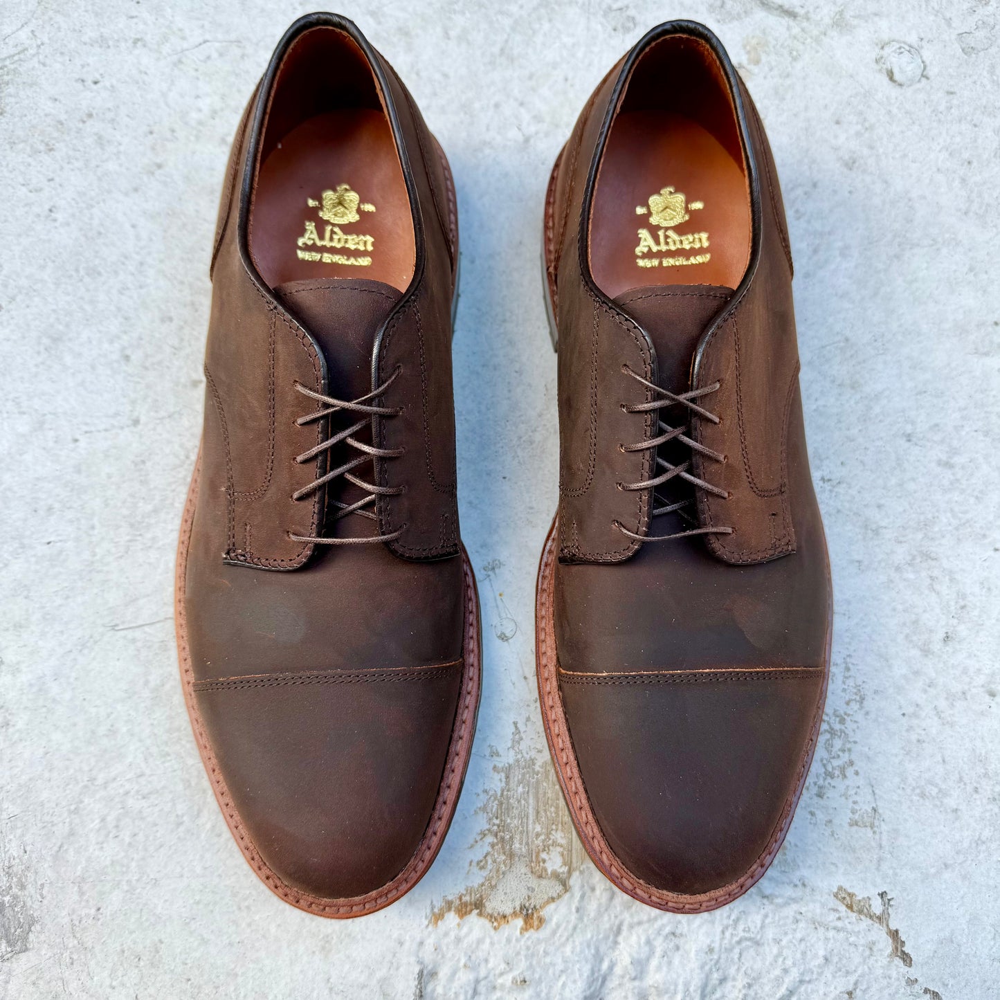 These brown leather Alden Madison D4519C Tobacco Chamois Cap Toe Bluchers, with laces and a polished cap toe design, are set against a light gray background with the brand name inside.