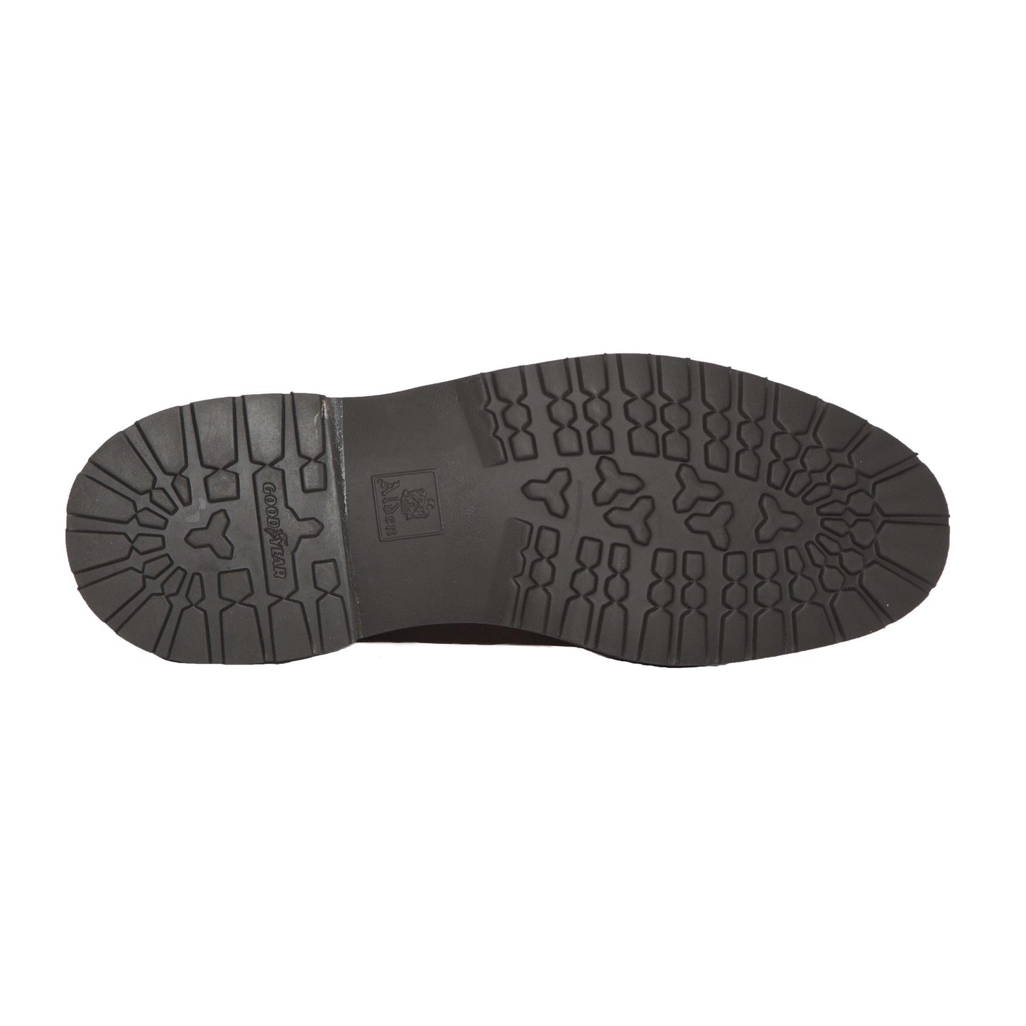The image showcases the sole of a black Alden Madison 9431S Plain Toe Blucher in Oiled Nubuck with a lug rubber sole. It has a rugged tread pattern with various grooves for traction, labeled Goodyear Slip Resistant and features a small boot logo emphasizing its durability for tough terrains.