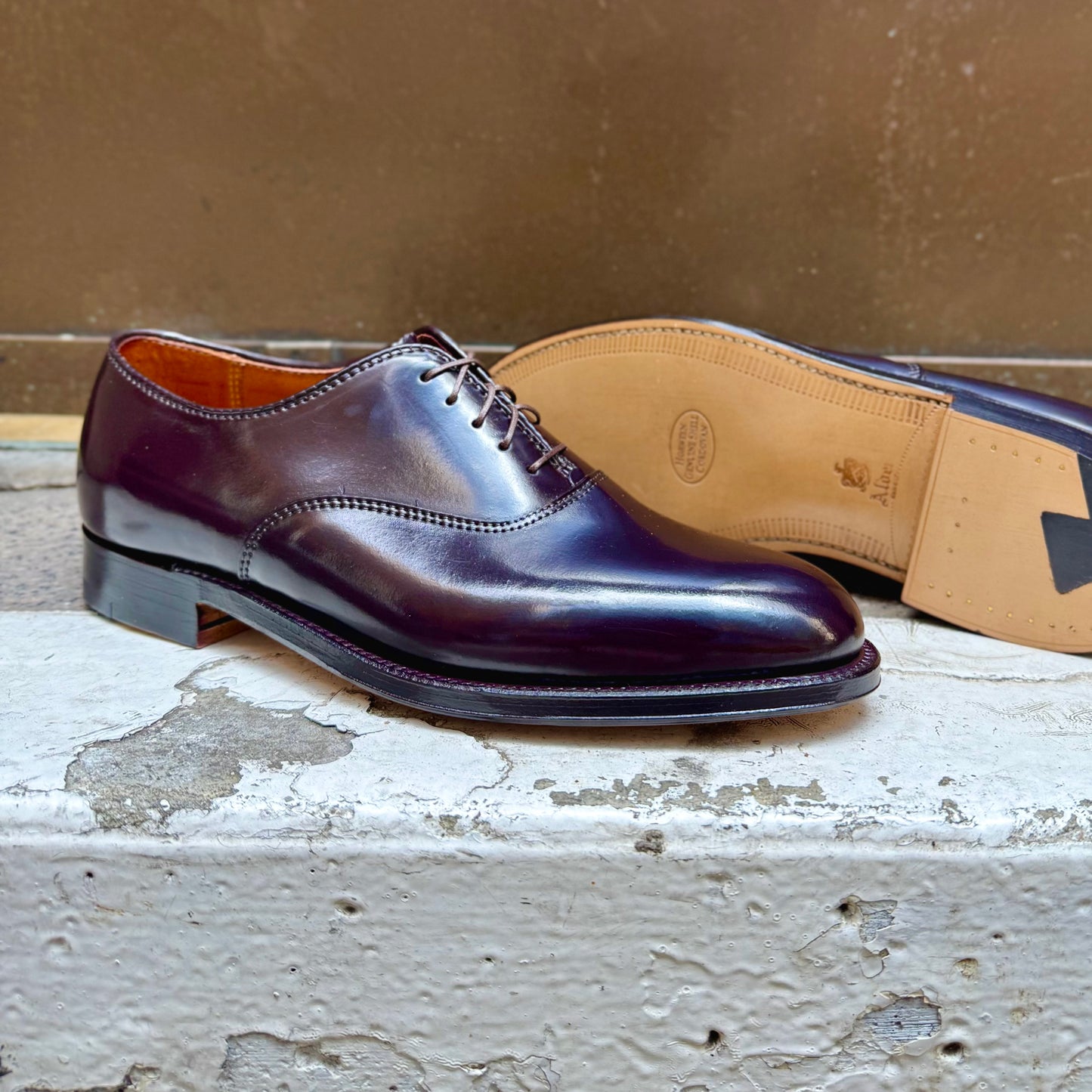 Alden Madisons 934 - Plain Toe Bal in Color 8 Shell, one upright and one on its side to reveal the Single Oak Leather Sole, are displayed on a worn concrete step.