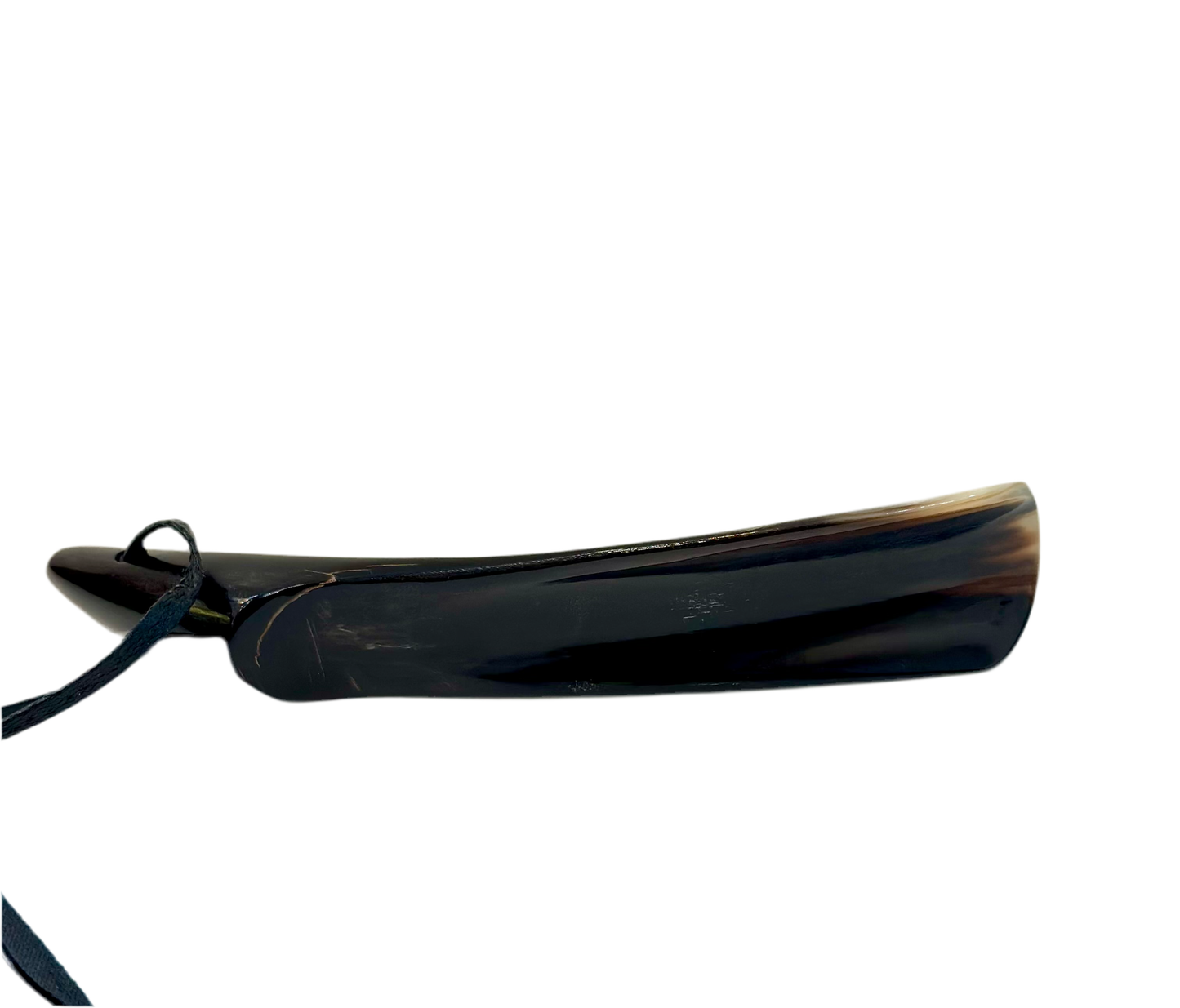 The Genuine Alden Shoe Horn by Alden Madison is elegantly crafted from polished dark wood or large horn material. It has a smooth finish, a tapered end, and a string loop for hanging, all beautifully showcased against a plain white background.