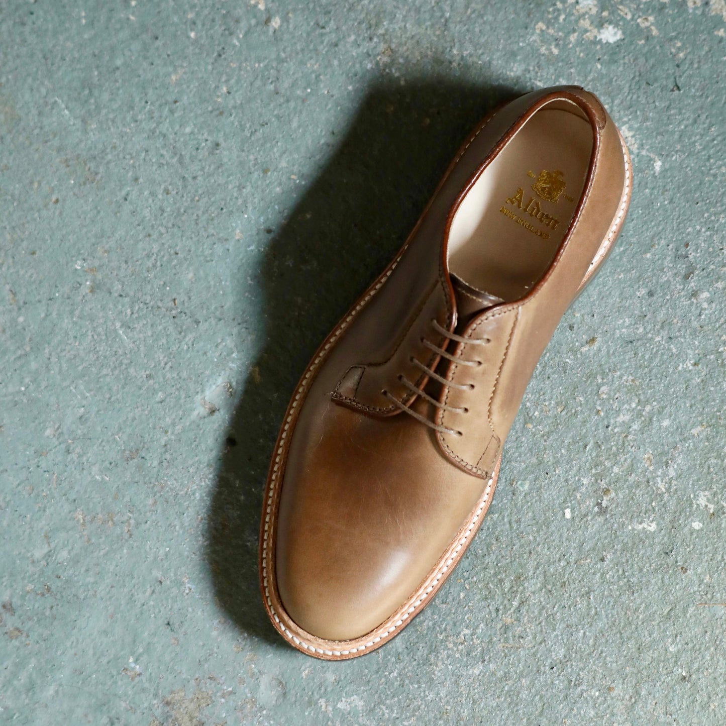 An ALDEN SHOES 9501C - Natural CXL Plain Toe Blucher with brown laces, rounded toe, Barrie Last, and visible sole stitching rests on a textured light blue-gray concrete floor.