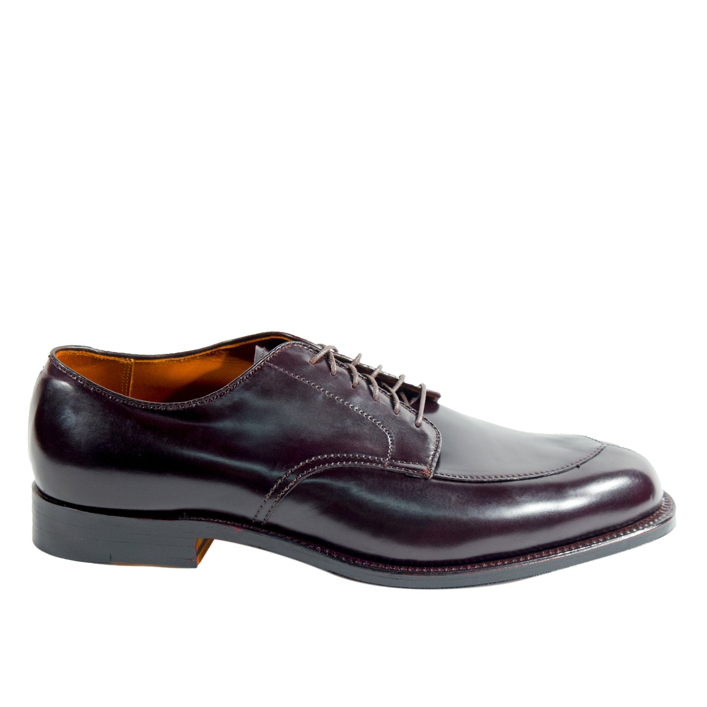 The Alden Madison D6616 - V-Tip Split Toe Blucher in Color 8 Shell Cordovan, crafted on the Barrie Last with a low heel and lace-up closure, is shown from the side against a white background.