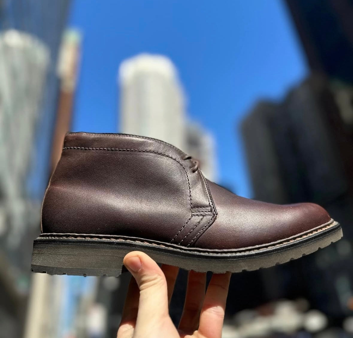 A hand displays the Alden Madison 1272S Chukka Boot in brown Kudu leather with a lug rubber sole, set against a blurred city skyline and bright blue sky.