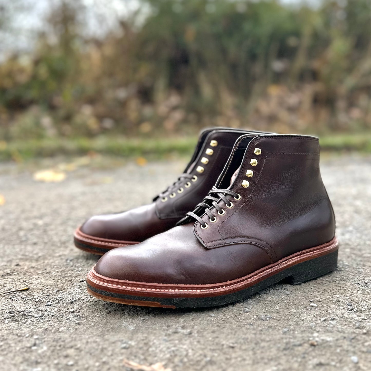 The Alden Madison D1848H Plain Toe Boot in Brown Chromexcel features gold eyelets and crepe rubber soles, crafted on the Trubalance Last, shown outdoors on a rugged surface with blurred greenery in the background.