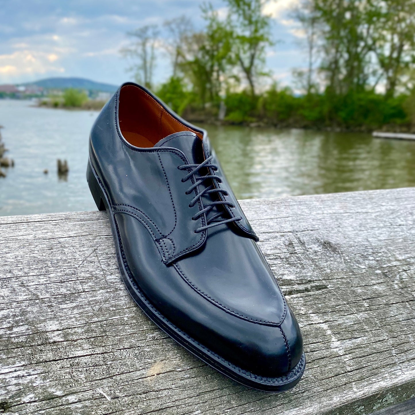 A single Alden Madison D6617 V-Tip Split Toe Blucher in Black Shell Cordovan rests on a weathered wooden railing by a calm river, green trees and cloudy sky behind, highlighting the shoe’s timeless elegance.
