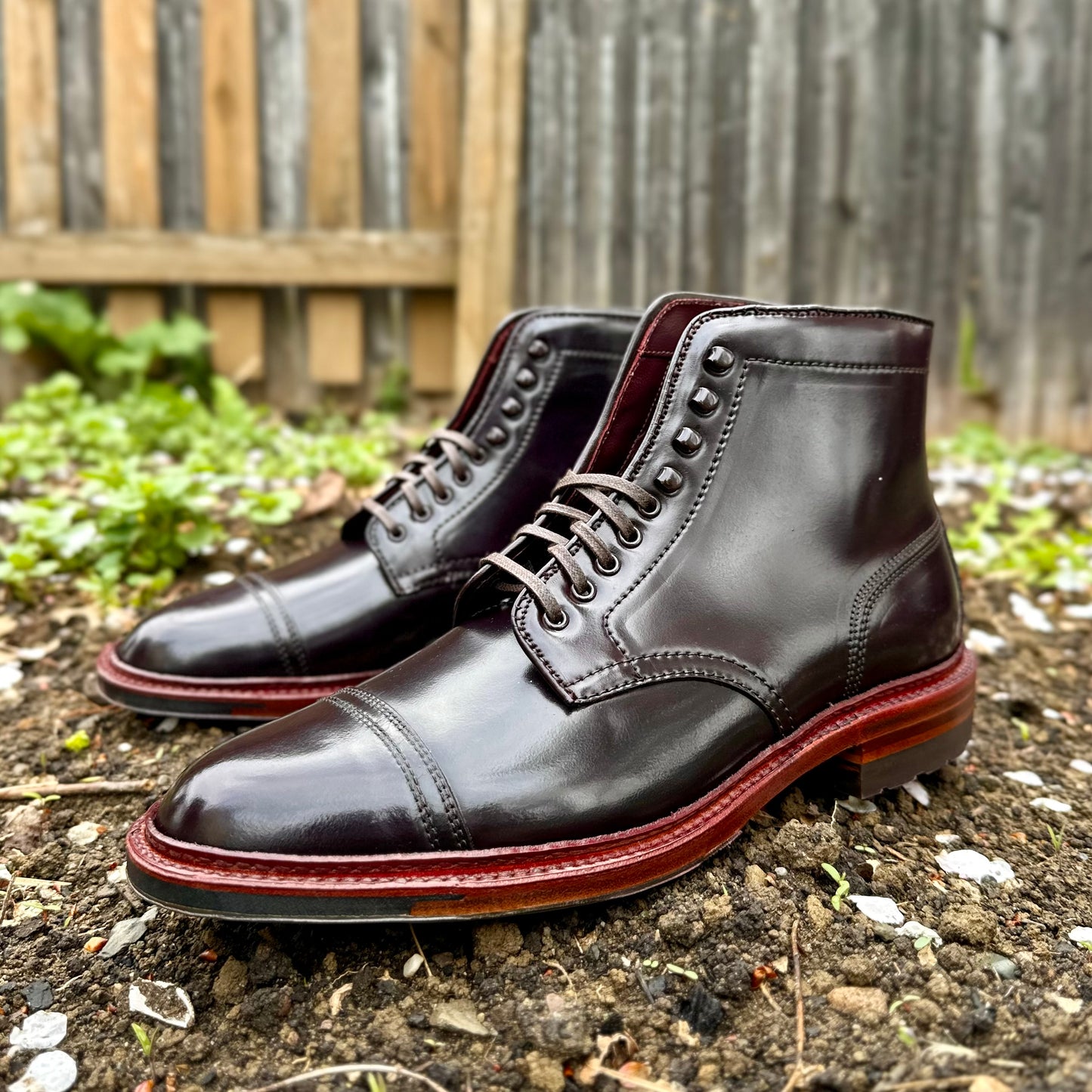 A pair of Alden Madisons D2858HC Cap Toe Boots, made with polished dark brown leather and featuring a red welt and black laces, rests outdoors on rocky ground against a backdrop of a wooden fence with green plants.