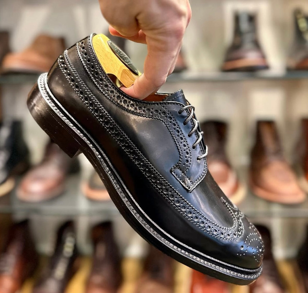 A hand holds up the Alden Madison 9751 Long Wing Blucher in Black Shell Cordovan, featuring decorative broguing and a Double Oak Leather Sole, with a wooden shoe tree inside and shelves of blurred brown and black shoes behind.