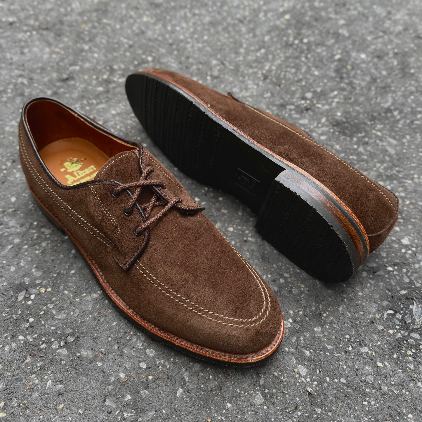 The ALDEN SHOES 731L - Ivy Blucher in Brown Suede is shown on a gray, textured surface. One shoe stands upright, highlighting its upper and classic van last, while the other is on its side to display the black rubber sole.