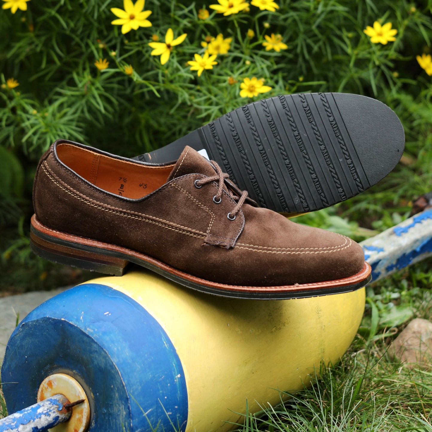 The ALDEN SHOES 731L - Ivy Blucher in Brown Suede, one upright and one showing the rubber sole, are displayed outdoors on a blue and yellow buoy with yellow flowers in the background.