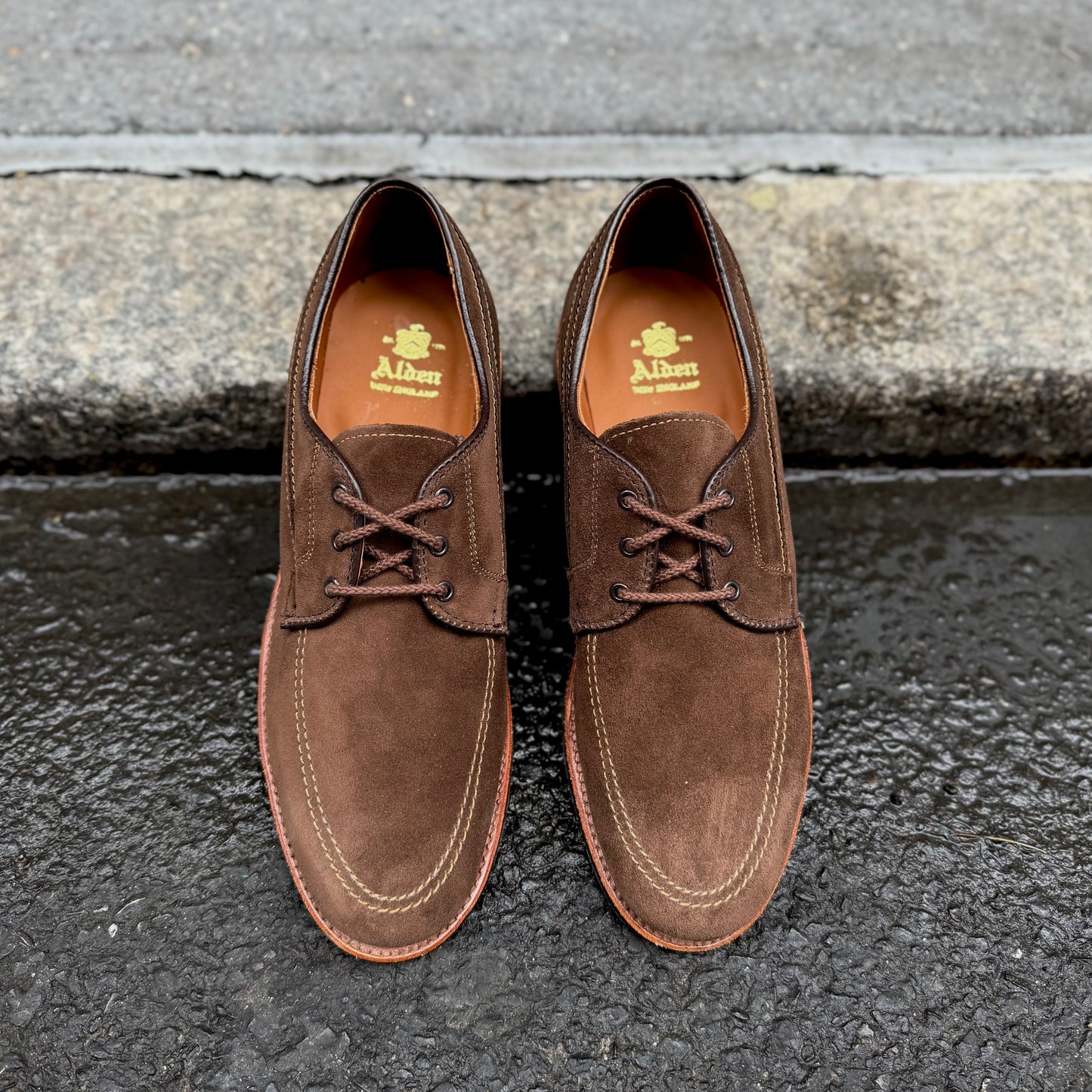 The ALDEN SHOES 731L - Ivy Blucher in Brown Suede, featuring visible stitching and a sturdy rubber sole, are placed side by side on a wet black pavement near a concrete curb.