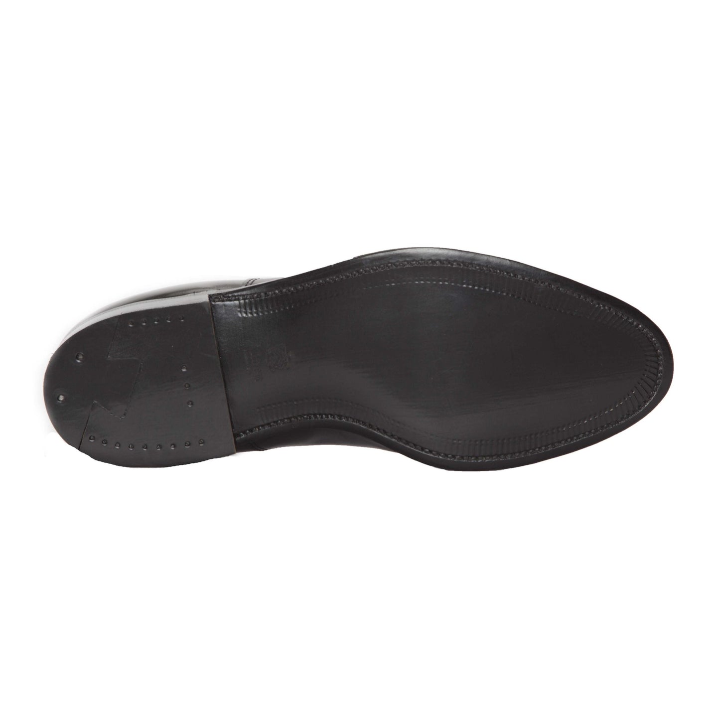 The image displays the sole of Alden Madisons 664 - Tassel Loafer in Black Shell Cordovan, crafted on an Aberdeen Last with edge stitching and fine engravings near the heel and toe, underscoring its durability and superior craftsmanship.