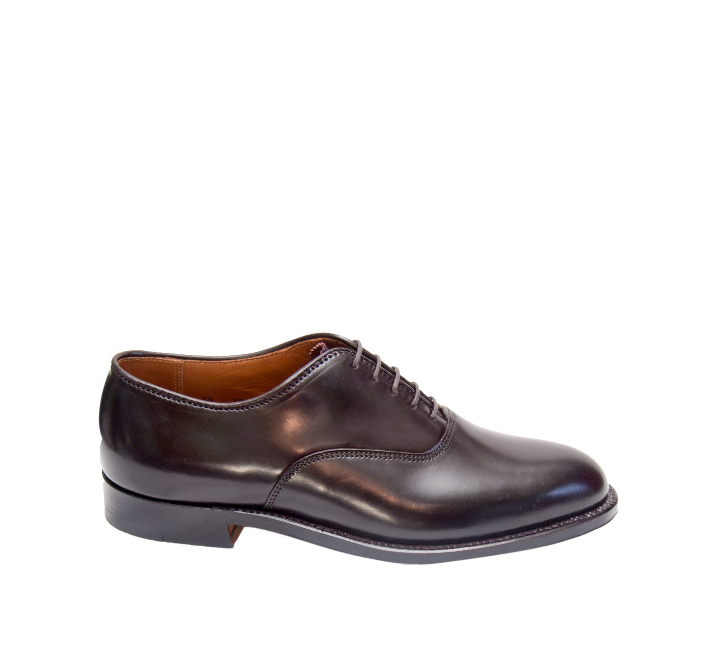 The Alden Madison 934 - Plain Toe Bal in Color 8 Shell, a dark brown leather oxford with laces and a leather sole, is shown in a side view on a white background.
