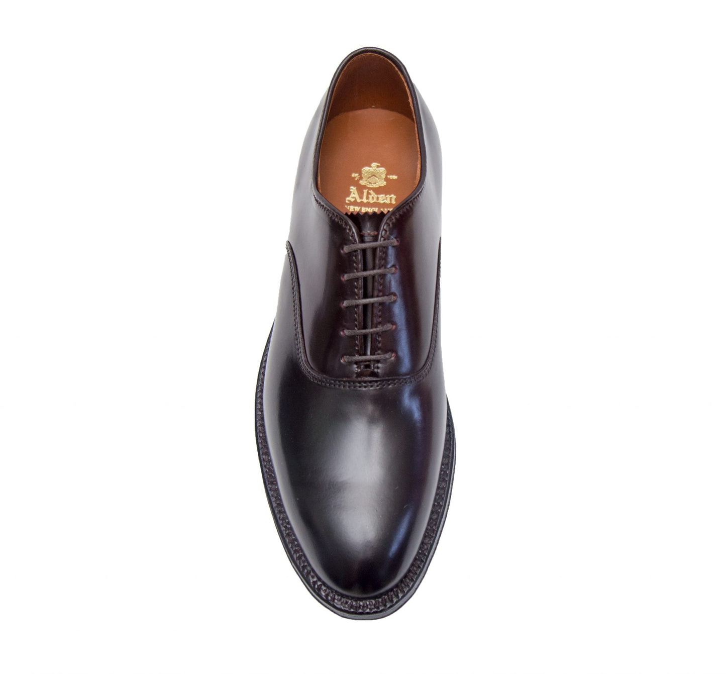 A top-down view of the Alden Madison 934 - Plain Toe Bal in Color 8 Shell, crafted on the Aberdeen last with a brown inner lining and visible laces, displayed against a white background.