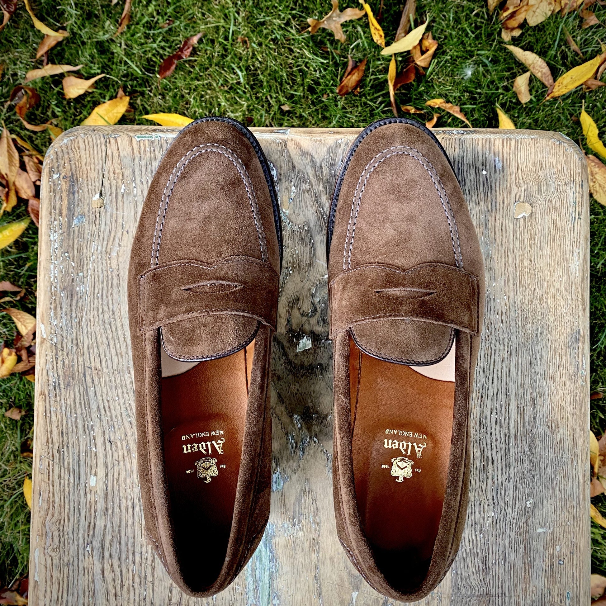 A pair of Alden Madisons 9697F Flex Penny Loafers in brown suede, featuring a flex leather sole, are elegantly displayed on a weathered wooden surface amid grass and scattered autumn leaves. The classic Copley Last design of these shoes is highlighted as they sit gracefully side by side.