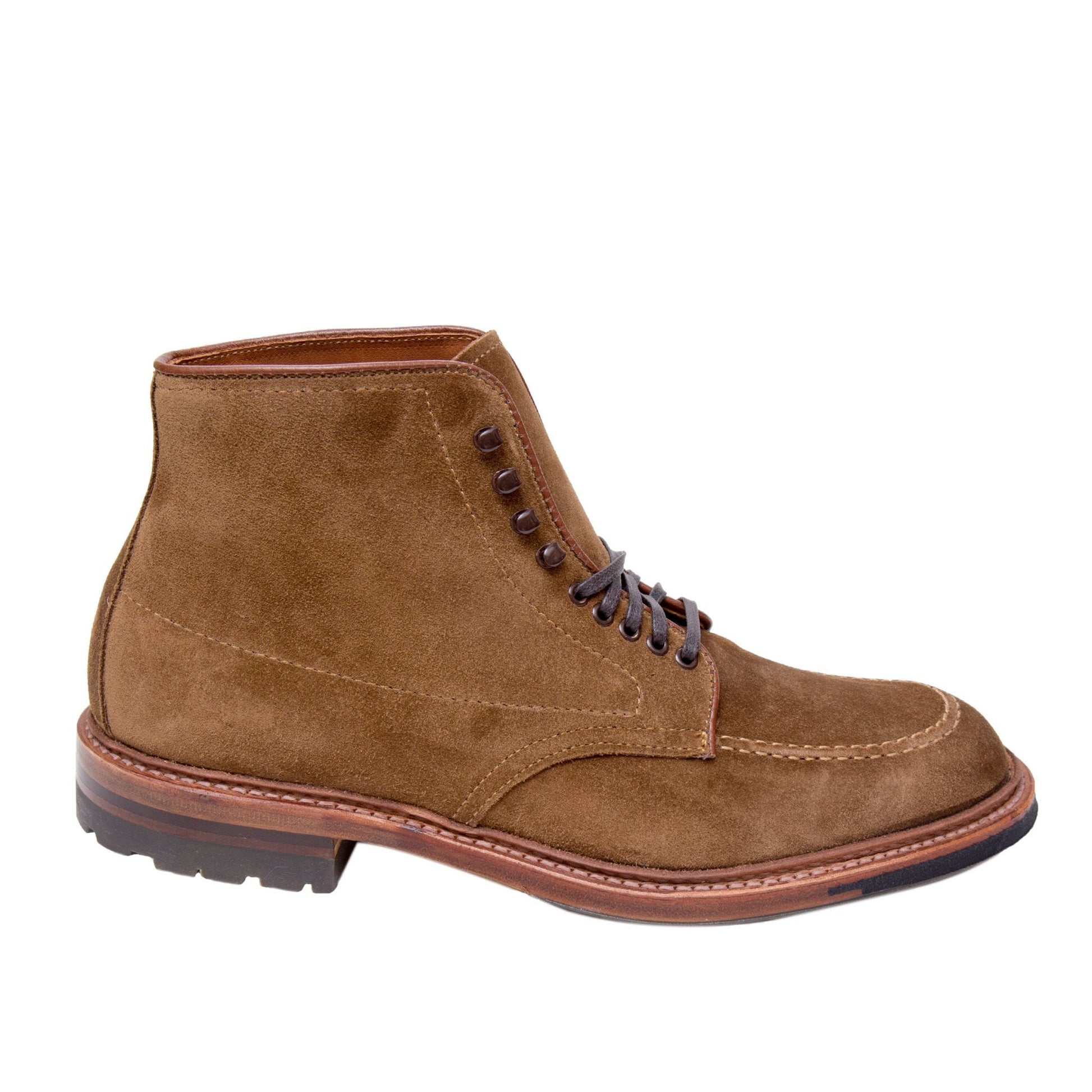 Alden Madisons 4011HC Indy Boot in Snuff Suede is a single brown suede chukka boot featuring premium snuff suede, dark brown laces, stitching details, a storm welt, rubber sole, low heel, and rounded toe set against a plain white background.