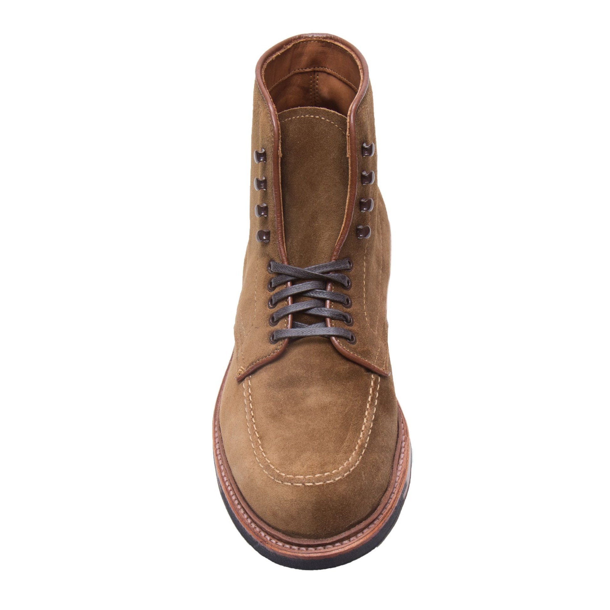From above, view a single Indy Boot in Snuff Suede by Alden Madison: a brown suede boot with dark laces, round toe, stitching, thick sole, storm welt, eyelets, and textured leather trim for durability.