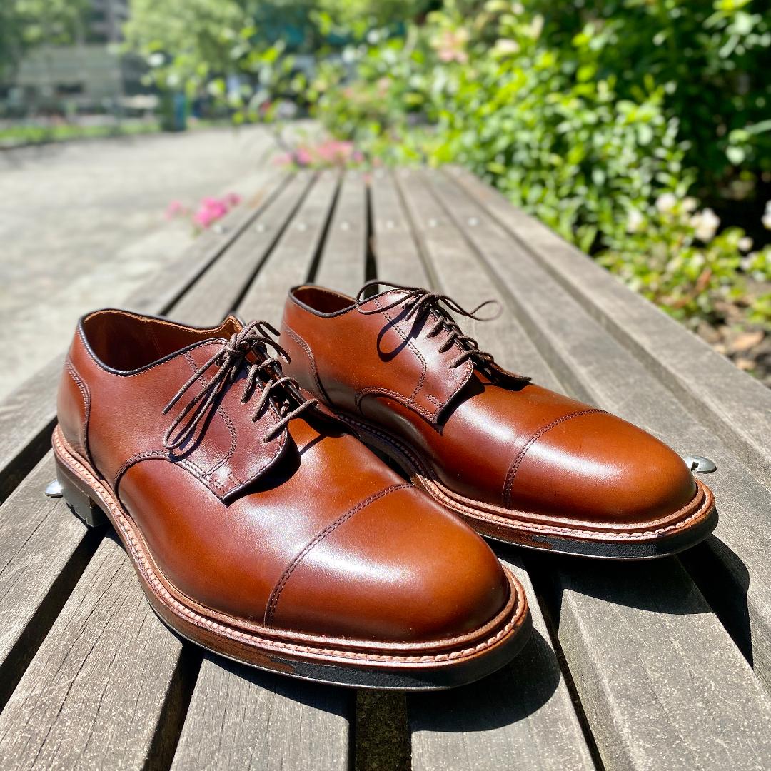 A pair of Alden Madisons D9539C Ten to One DeRosa Blucher shoes in Madison Brown Calfskin sits on a wooden bench outdoors. The sun accentuates their classic design and rich color against a backdrop of greenery.