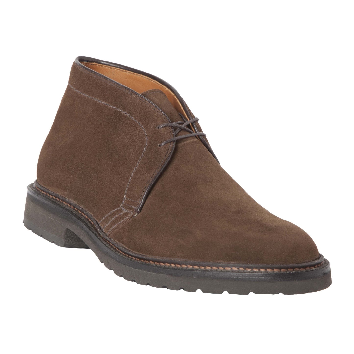The Alden Madison 1273S Chukka Boot in brown suede features a black lug rubber sole, slight heel, and two eyelets for laces, shown on a white background.