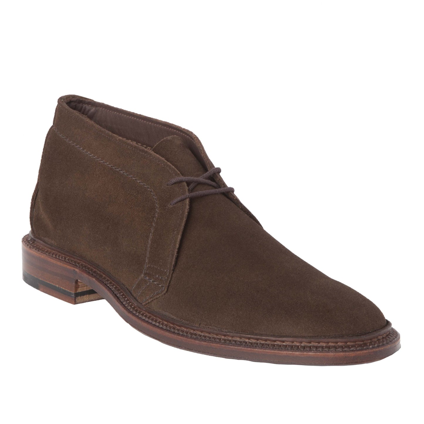 The Alden Madison 1492 - Unlined Chukka in Brown Suede is set against a white background, showcasing dark brown laces, a wooden sole, and a smooth rounded toe. Crafted on a Leydon Last, it features minimalist stitching for understated elegance.