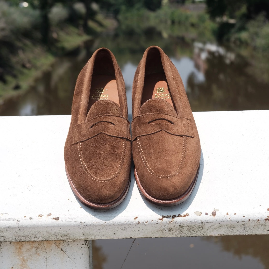 The Alden Madison 96941F Flex Penny Loafers in Snuff Suede, crafted on the Copley Last with detailed stitching, rest on a white surface outdoors, against a blurred backdrop of water and greenery.