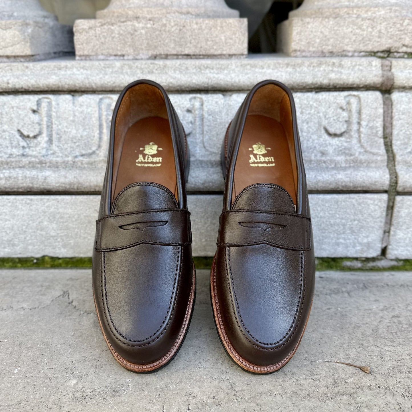 A pair of Alden Madison D2203L Penny Loafers in Brown Lady Calf with a polished finish and Antique Flat Welt, placed side by side on a stone surface. The insoles are branded Alden, set against decorative stonework in the background.