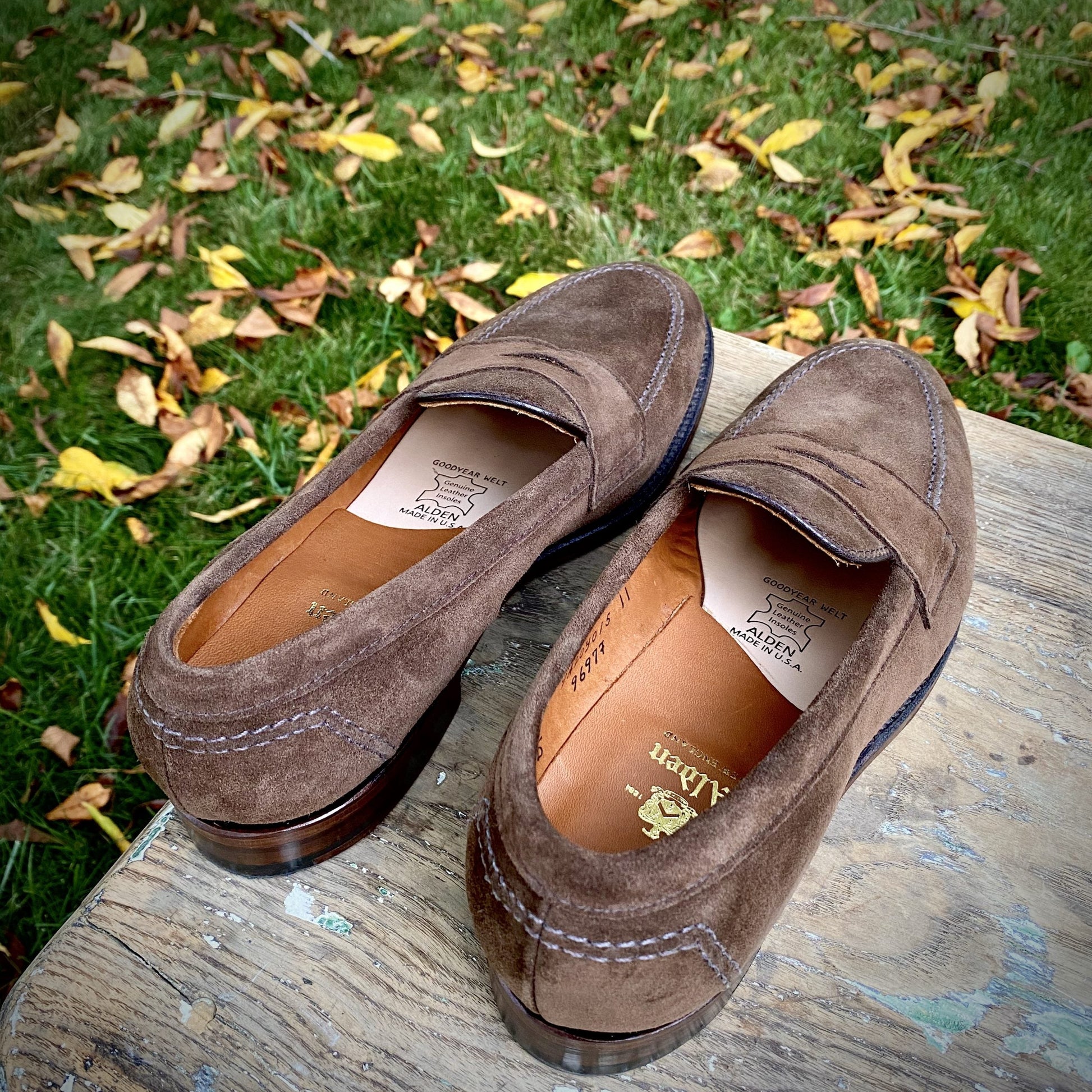 A pair of Alden Madisons 9697F Flex Penny Loafers in brown suede, featuring stitching details and a flexible leather sole, rests on a wooden surface outdoors. Yellow and brown leaves against the grassy background evoke an autumn setting.