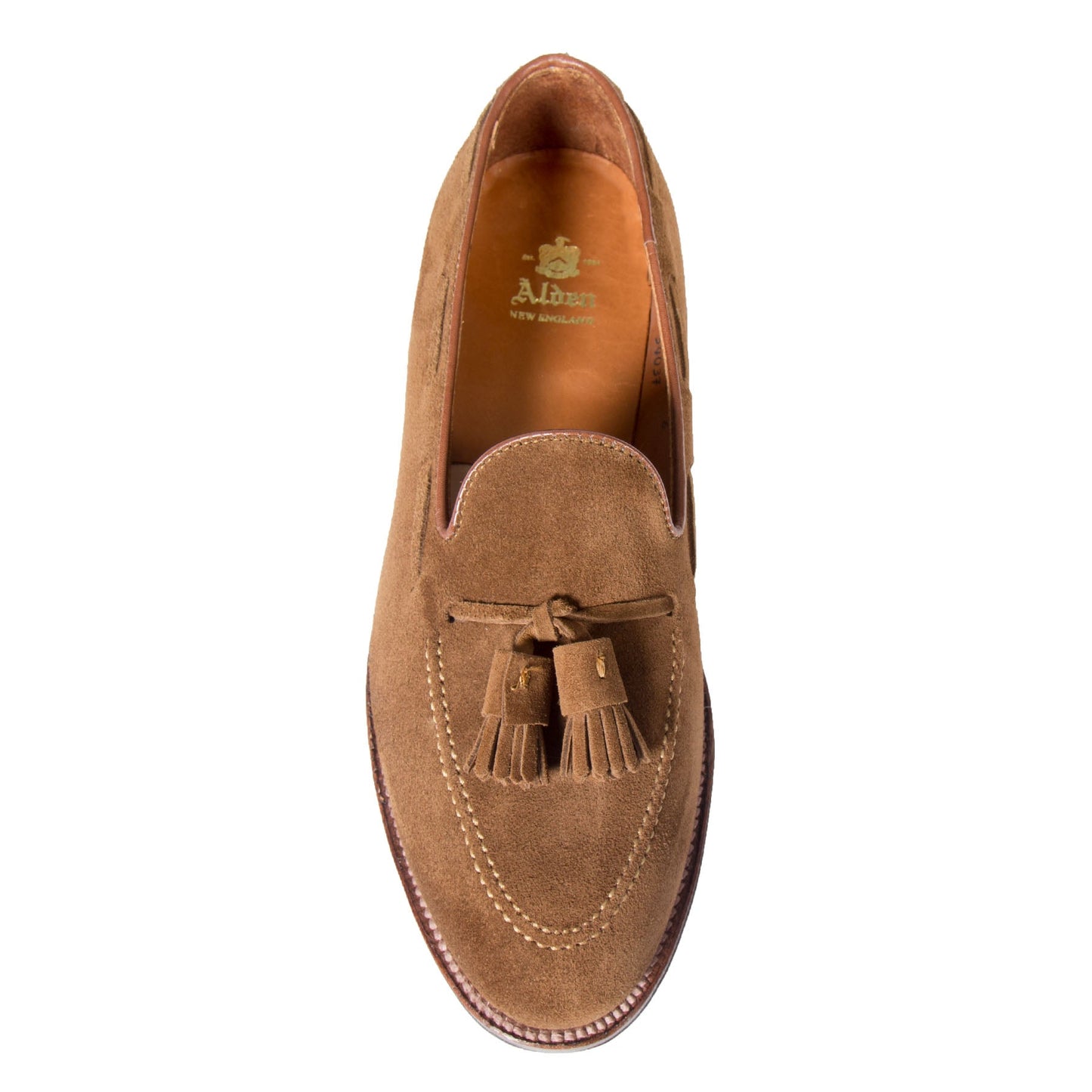Top view of Alden Madisons 3403 - Tassel Loafer in Snuff Suede, highlighting its Aberdeen Last, tassels on the upper, visible stitching, and leather interior.