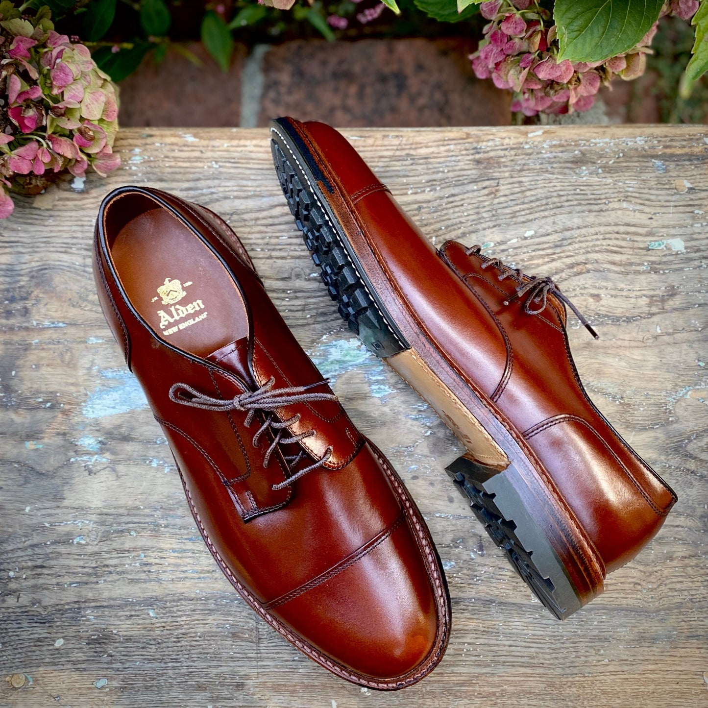 A pair of Alden Madison Ten to One DeRosa Blucher D9539C in Madison Brown Calfskin with black Commando soles is elegantly displayed on a rustic wooden surface, surrounded by pink and green hydrangea flowers.