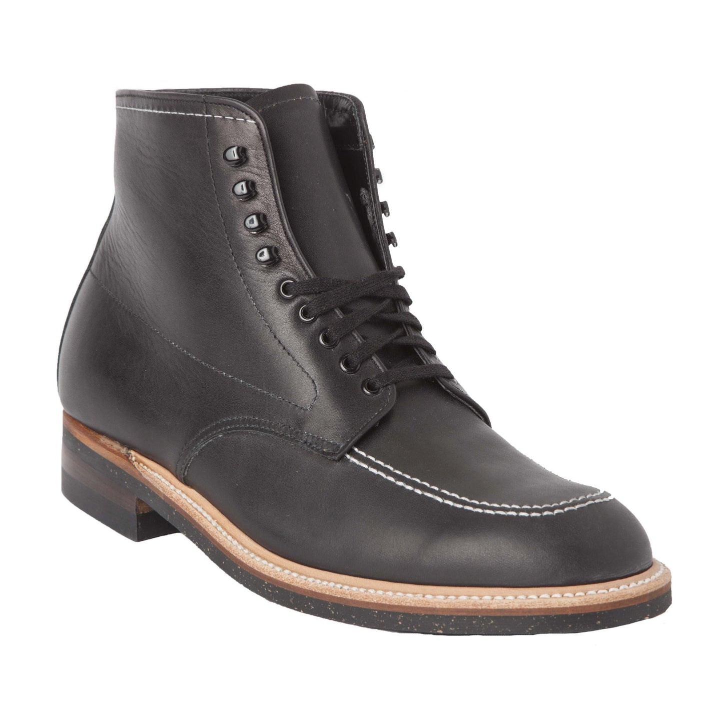 The Alden Madison 401 Indy Boot in Black Chromexcel features black leather, white stitching, metal eyelets, a brown/tan Neoprene cork sole, and a low heel, crafted on the Truebalance last and displayed on a white background.