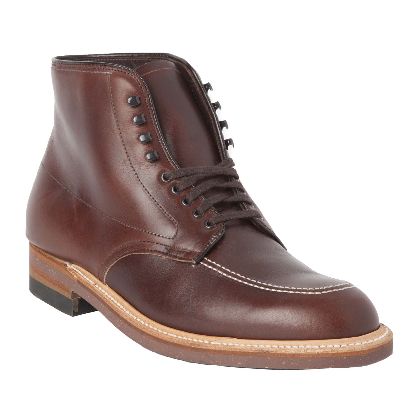 The Alden Madison 403 - Indy Boot in Brown Chromexcel showcases dark laces, a light brown cork sole, speed hooks, detailed stitching on the upper, and a stacked heel for durability and style.