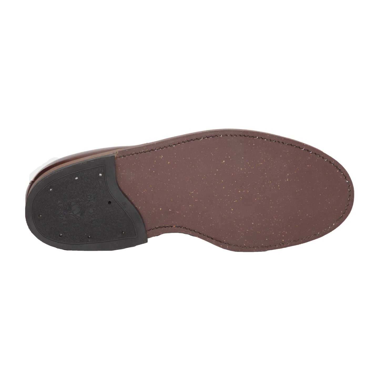 The image displays the sole of the 405 - Indy Boot (Original) in Mid Brown Calfskin by Alden Madison, turned upside down. It features a brown sole with a black rubber heel piece and visible stitching along the edges, with small specks scattered across the surface.