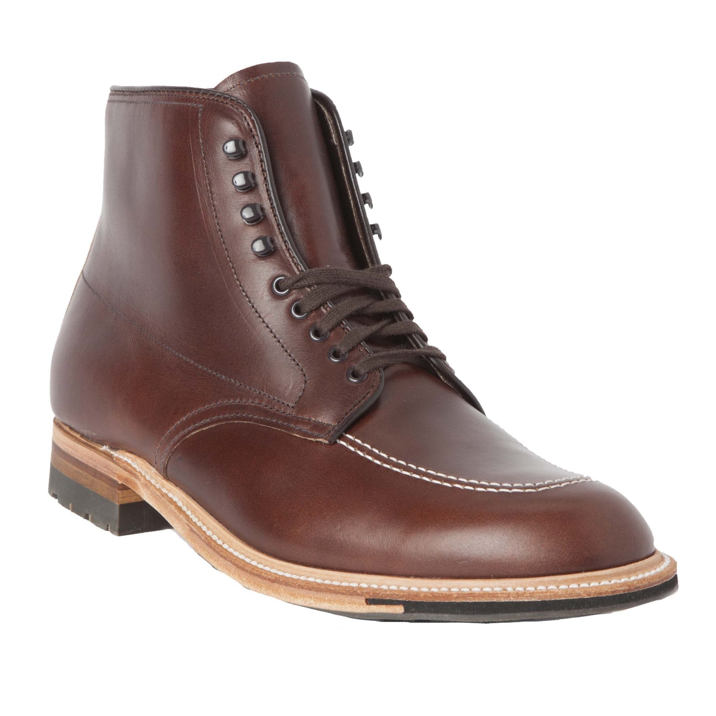 The 403C - Indy Boot by Alden Madison in Brown Chromexcel features a lace-up design with a stitched moc toe, metal eyelets, speed hooks, dark brown laces, a Truebalance Last, and a light brown Commando Sole with black grip pad.