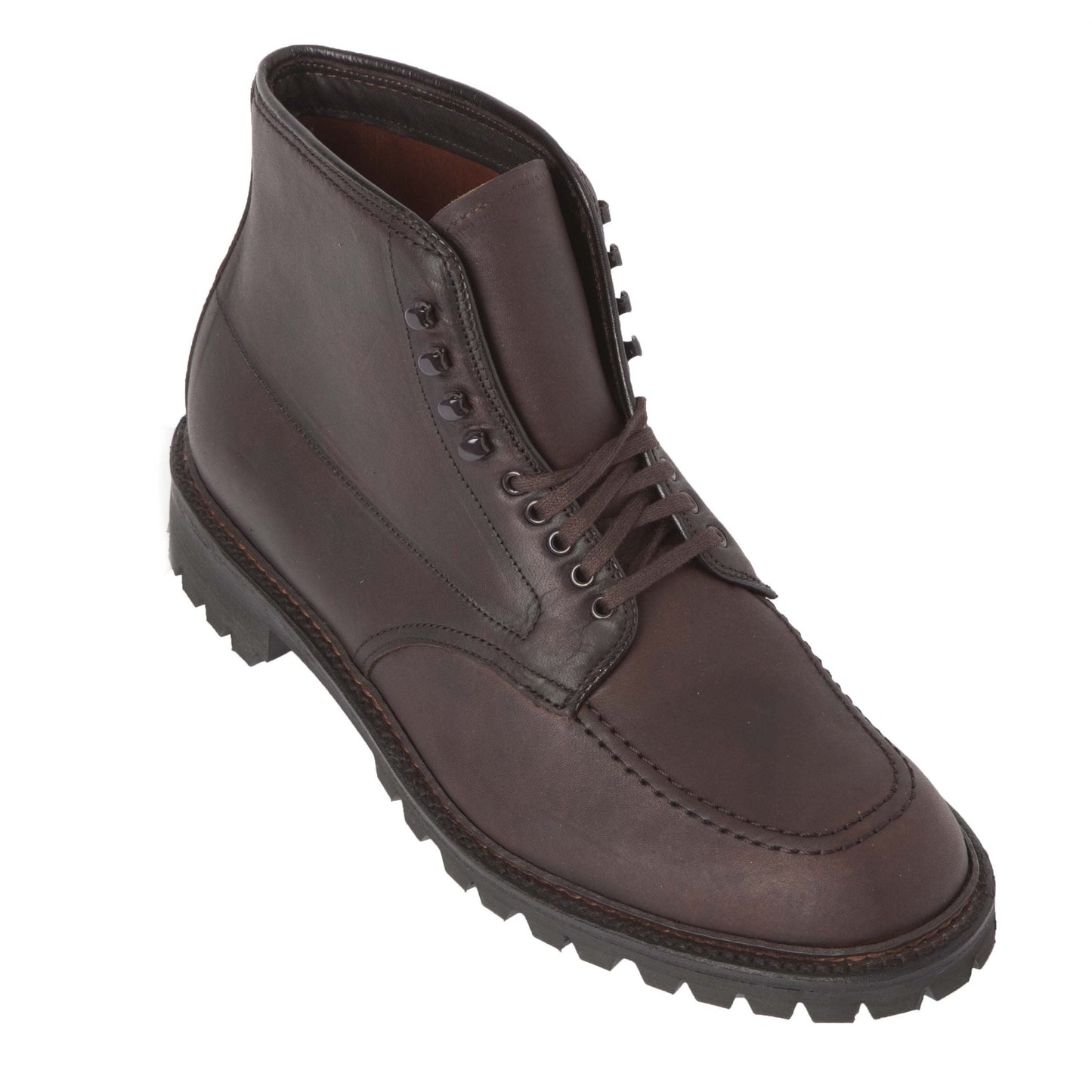 The Alden Madison 404 - Indy Boot in Kudu (Oiled CXL) is a brown leather boot with high ankle design and lace-up front. It features a rugged Vibram Lug Outsole for traction and visible stitching, ensuring a sturdy and stylish look.
