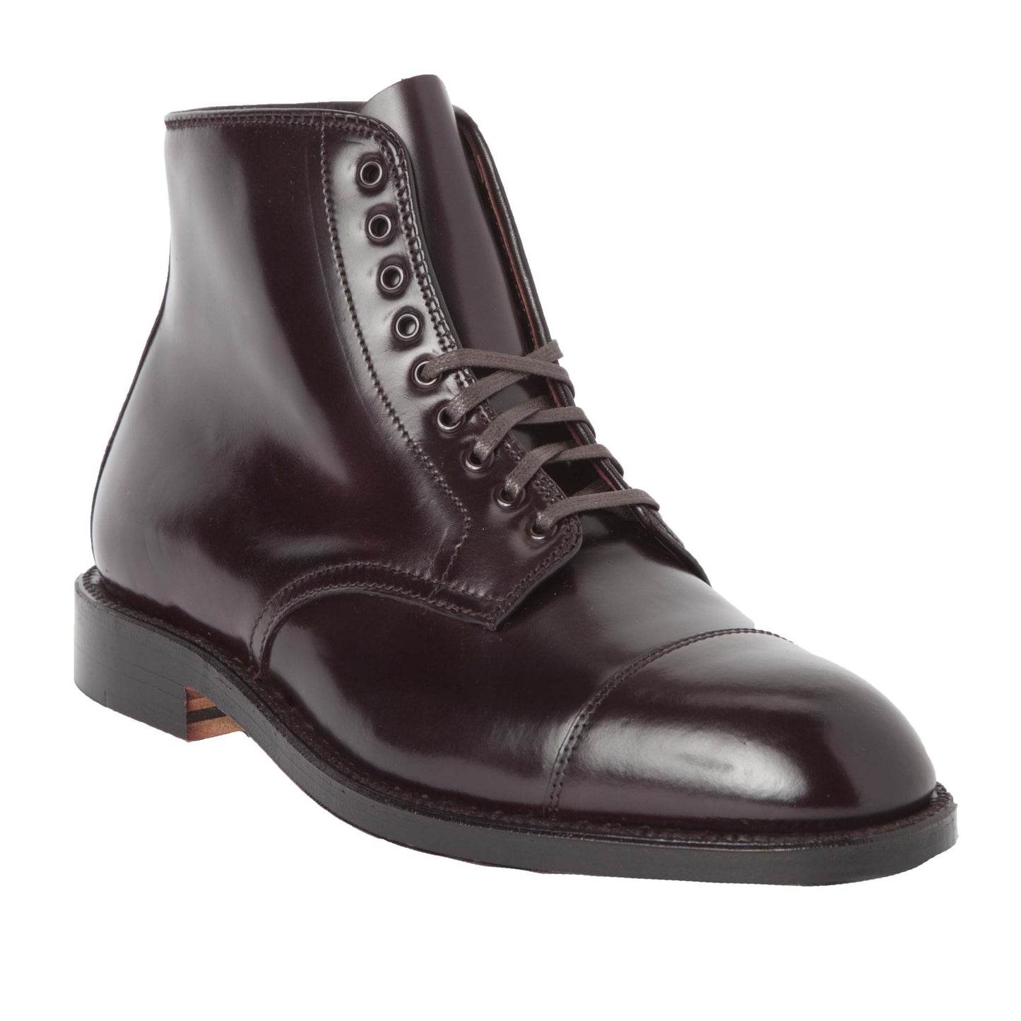 The 4060 Cap Toe Boot in Color 8 Shell Cordovan by Alden Madison is a polished, dark brown leather lace-up crafted on the Grant Last with a cap toe design and Double Oak Leather Sole. It has three pairs of metal eyelets and four ankle hooks.