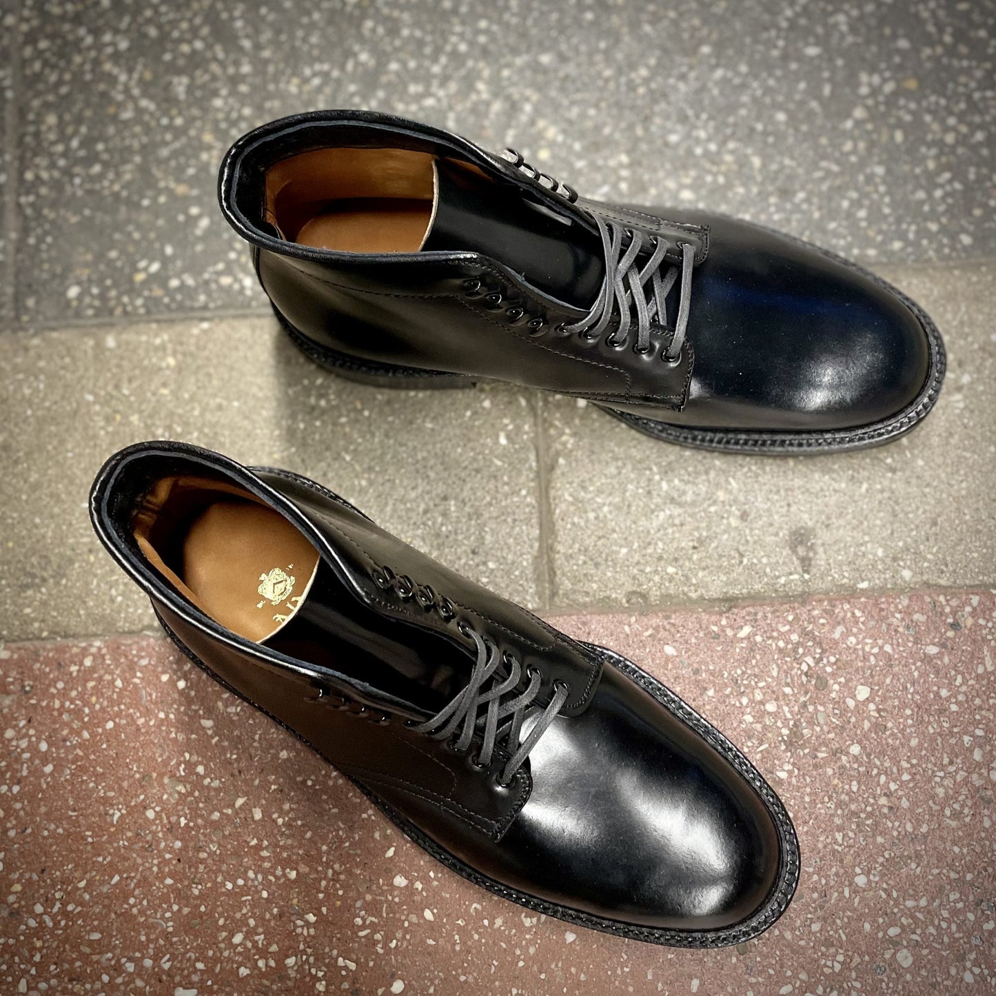 A pair of Alden Madison D6842H - Plain Toe Director Boots in Black Shell Cordovan sits on a textured, multicolored floor. With speed hooks and a polished finish, one boot faces forward while the other is angled.