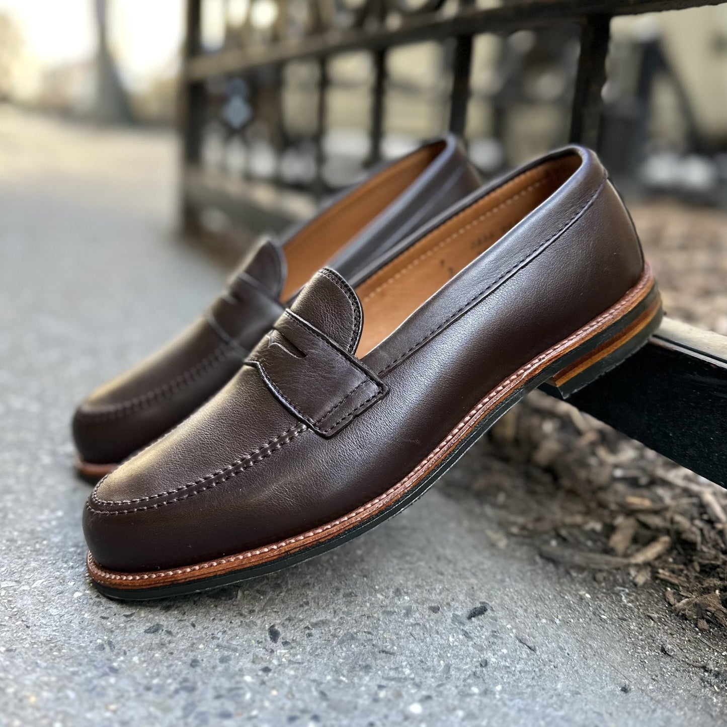 Alden Madisons D2203L Penny Loafer, crafted from Brown Lady Calf and featuring detailed stitching with an antique flat welt design, rests elegantly against a metal gate on a concrete surface. Contrasting tan rubber soles create a perfect display against the blurred outdoor background.