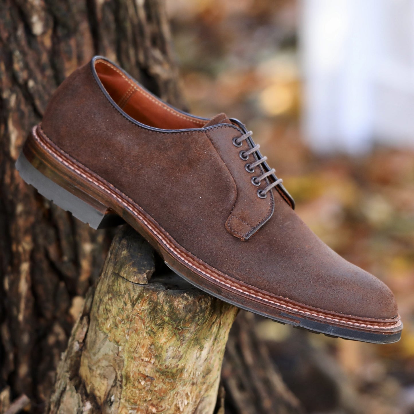 The Alden Madison 9474C - Plain Toe Blucher in Tobacco Reverse Chamois with a Commando Sole is shown outdoors, placed on a tree stump against a softly blurred backdrop of tree bark and fallen leaves.