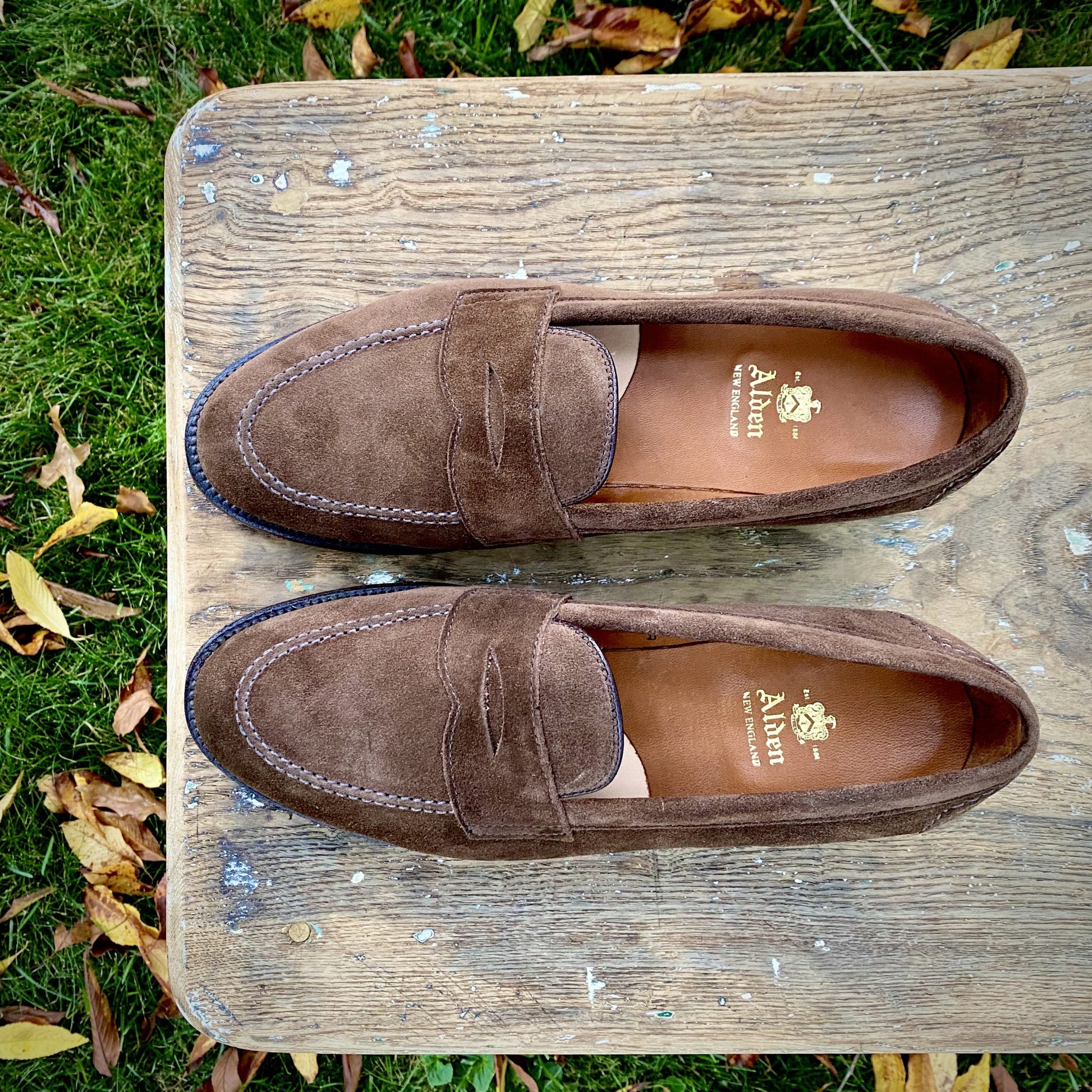 The Alden Madison 9697F Flex Penny Loafer in Brown Suede showcases stitching details and a logo on the insole, elegantly displayed on wood with fallen leaves and green grass. These loafers feature a durable flex leather sole for comfort.