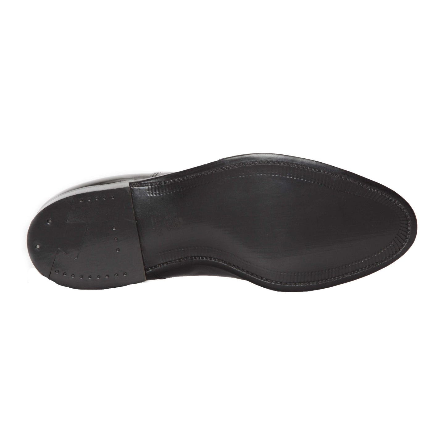 The black leather outsole on the Alden Madison 2161 - Cap Toe Blucher in Black Shell Cordovan boasts a smooth finish, subtle edge stitching, a slightly raised heel, and a rounded toe crafted on the elegant Aberdeen Last for a refined look.